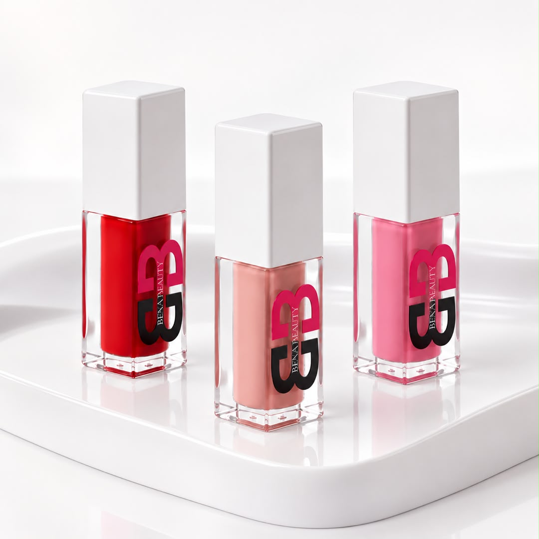 Bena Beauty colored gloss in nude, cherry red and strawberry